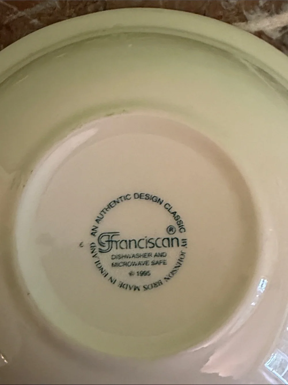 Franciscan Cream Ceramic Bowl with Pale Green Rim